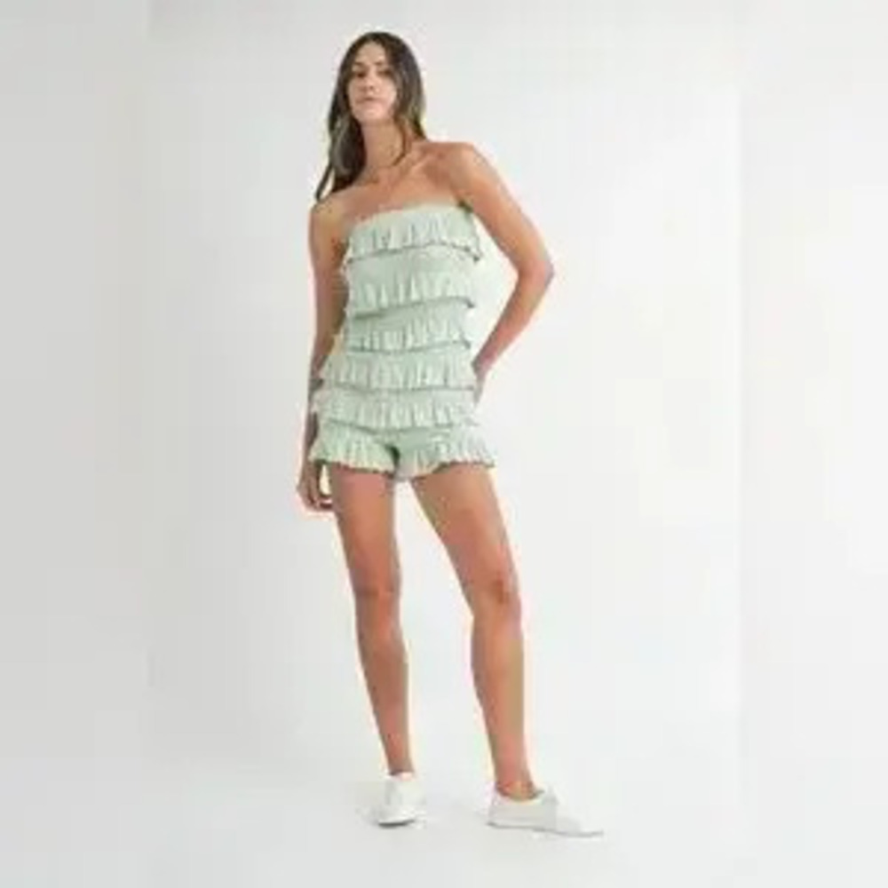 MABLE Pointelle Knit Fabric Ruffled Tube Romper - Picture 6 of 10